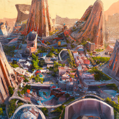 Digital concept art of futuristic cityscape. Future city alien world metropolis megapolis skyline. Poster artwork, album cover, game background design.