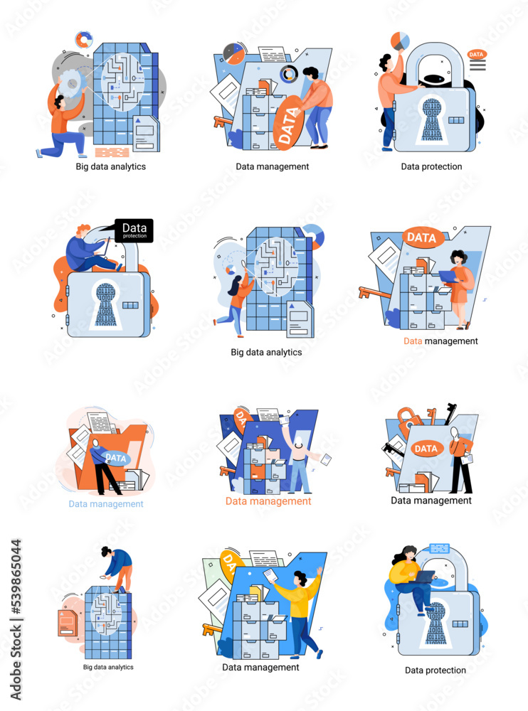 Aufkleber big data analytics platform, data management and protection creative metaphor set abstract concept. 