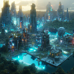 Fototapeta premium Digital concept art of futuristic cityscape. Future city alien world metropolis megapolis skyline. Poster artwork, album cover, game background design.
