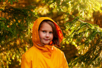 little cute girl in yellow raincoat walking in autumn coniferous forest - 539865426