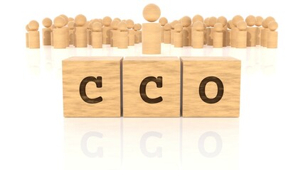 Word CCO branded on wooden blocks reflected on the white table. Business concept. In the back are wooden people in many different sizes. (3D rendering)