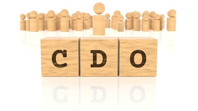 Word with the text CDO carved on wooden cube blocks reflected on the beautiful table. Business concept. In the back are wooden people in various sizes. (3D rendering)