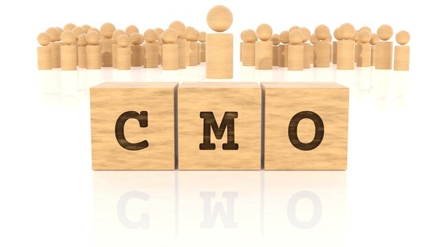 Letters CMO branded on wooden blocks reflected on the shiny surface. Business concept. In the back are wooden people in different sizes. (3D rendering)