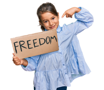 Little beautiful girl holding freedom banner pointing finger to one self smiling happy and proud