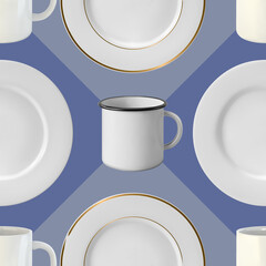 Seamless pattern in cool colors with editable background. Plates and mugs. Vector ilustration.