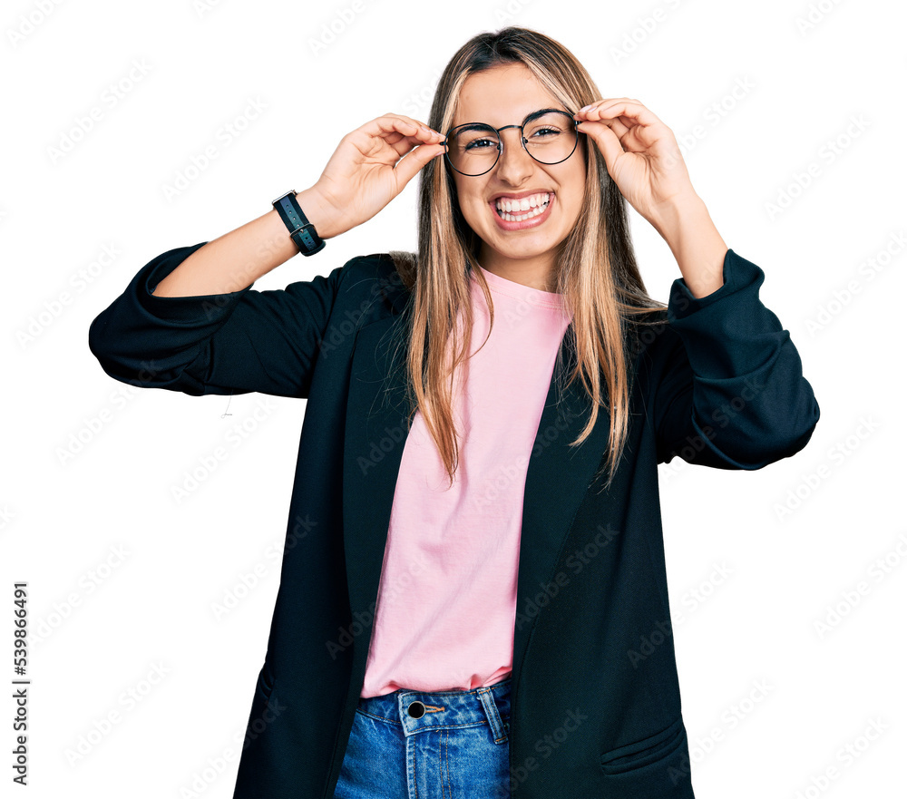 Sticker Hispanic young woman wearing elegant jacket and glasses smiling with a happy and cool smile on face. showing teeth.