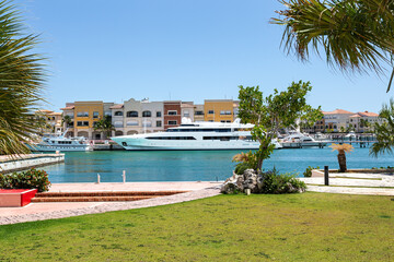 Yachts docked in Cap Cana marina, Dominican Republic - obrazy, fototapety, plakaty