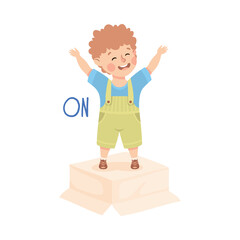 Little Boy Standing On Cardboard Box with Raised Hands as Preposition Demonstration Vector Illustration
