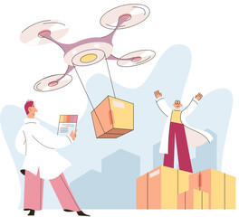Smart logistics technology metaphor. Idea of modern transportation and distribution. People using copter delivery. Technical and science innovation. Automation and development of delivery process