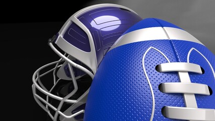 Naklejka premium American football Blue-Silver helmet and Blue-Silver Ball under foggy black laser lighting. 3D illustration. 3D CG. 3D high quality rendering.