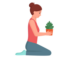 Fototapeta na wymiar Woman holding lonely flower and inhale its aroma. Vector gardener with red tulip in cartoon style. Cute girl bent down to pick flower. Florist collects bouquet of beautiful spring flowering plants