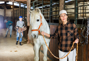 Positive Asian female stable worker leading white horse by bridle in barn. Equestrian business...