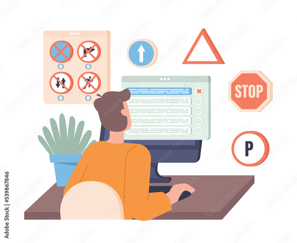 Poster passing driver test. man sits at computer monitor and answers questions. modern technologies and dig