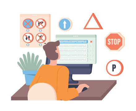 Passing driver test. Man sits at computer monitor and answers questions. Modern technologies and digital world. Distance learning and education, driving training. Cartoon flat vector illustration