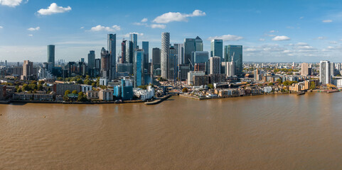 Aerial panoramic skyline view of Canary Wharf, the worlds leading financial district in London, UK....