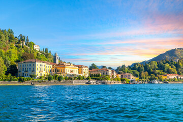 Fototapeta na wymiar The colorful lakefront village of Bellagio on the shores of Lake Como, Italy, in the Lombardy region at sunset.