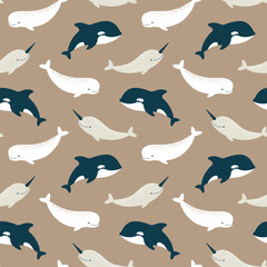 Vector seamless pattern with cute killer whale, beluga and narwhal © Baranovska