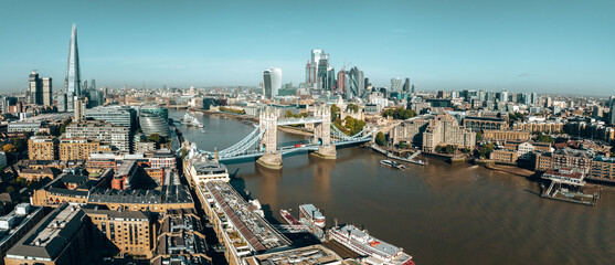 Aerial panoramic cityscape view of London and the River Thames in England, United Kingdom.