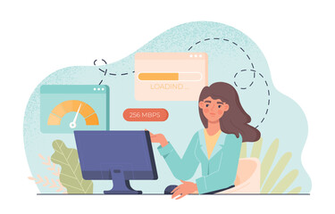 Speed test concept. Woman sits at computer and evaluates speed of Internet. Young girl in front of monitor screen. Programmer and IT Specialist. Poster or banner. Cartoon flat vector illustration