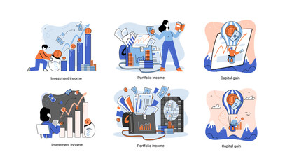 Capital gain, portfolio income, investment income. Investments and bonds, cash flow money slot, mutual fund, finance abstract metaphor. Money investing financiers analyzing stock market profit dollars