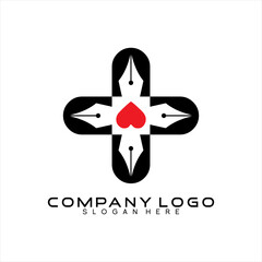 Cross vector logo design with pen and heart symbol in the middle.