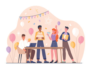 Work anniversary concept. Men and women celebrating. Happy characters with cake and confetti. Corporate holiday, festival and event. Poster or banner for website. Cartoon flat vector illustration
