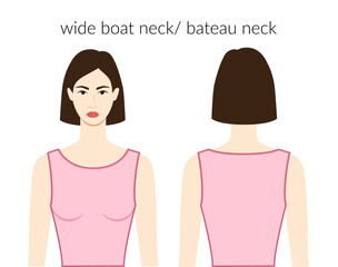 Wide boat bateau neckline clothes character beautiful lady in pink top, shirt, dress technical fashion illustration fitted body. Flat apparel template front, back sides. Women, men unisex CAD mockup