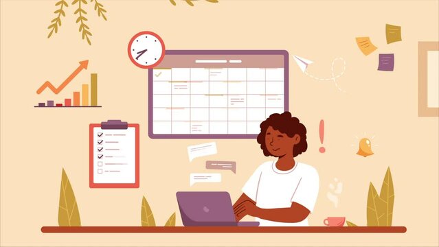 Planning schedule and calendar video concept. Moving young woman works on laptop, completes tasks and projects by deadline. Time management, productivity and efficiency. Flat graphic animated cartoon