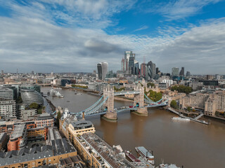 Fototapeta premium Aerial view of the Tower bridge, central London, from the South bank of the Thames. Iconic symbol of London.
