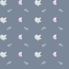 Watercolor seamless pattern with hand drawn bird, butterfly, greenery on blue background. Cute design for wrappings, textile and backgrounds.