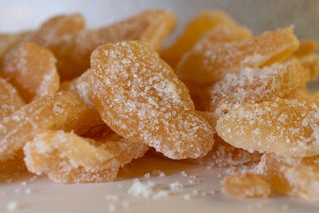Close up view of crystallized ginger.