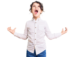 Cute hispanic child wearing casual clothes crazy and mad shouting and yelling with aggressive expression and arms raised. frustration concept.
