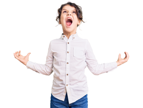 Cute hispanic child wearing casual clothes crazy and mad shouting and yelling with aggressive expression and arms raised. frustration concept.