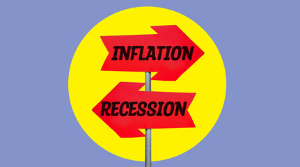Word text inflation and recession written on red arrows sign isolated on yellow circle with blue background