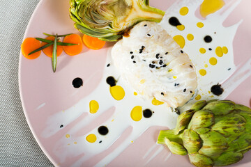 Hake Provencal recipe: fish fillets 250gr put out in frying pan with cream, garlic, olive oil,...