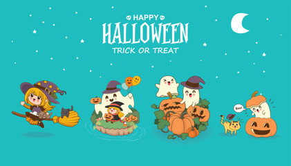 Vintage Halloween poster design with vector witch, ghost, jack o lantern character.