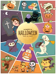 Vintage Halloween poster design with vector vampire, mummy, reaper, jack o lantern, reaper character. 