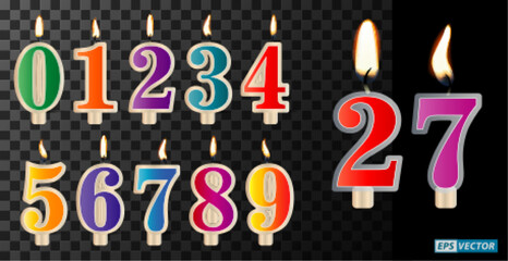 realistic of birthday cake candle or burning flames candles with various color. eps vector