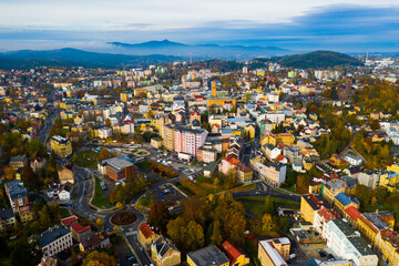 Fototapeta na wymiar Aerial view of residential districts of Jablonec nad Nisou city in autumn day, Czech Republic