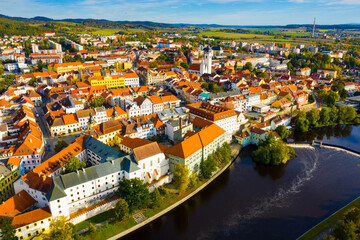 Naklejka na ściany i meble Aerial view of picturesque Czech town Pisek in South Bohemia