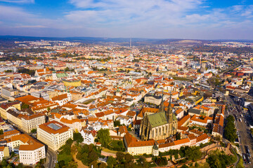 Fototapeta na wymiar Aerial view of center of Czech town of Brno on autumn day overlooking Cathedral of Saints Peter and Paul on Petrov hill