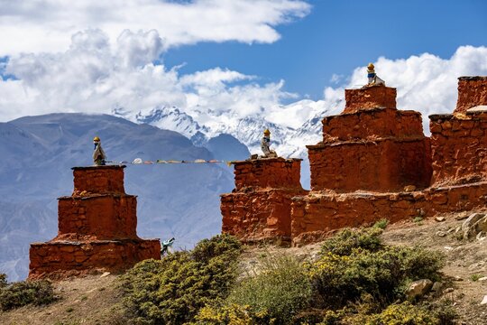 Beautiful shot of the historic Tibetan Buddhist holy site Ghar Gumba Monastery in the Himalayas