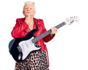 Senior beautiful woman with blue eyes and grey hair wearing a modern look playing electric guitar touching painful neck, sore throat for flu, clod and infection