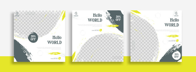 Travel Set of Editable minimal square banner template. Green yellow white background color with geometric shapes for social media post, story and web internet ads. Vector illustration