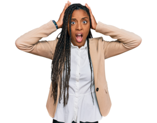 African american woman wearing business jacket crazy and scared with hands on head, afraid and surprised of shock with open mouth