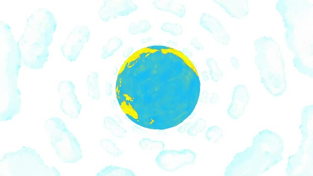 Earth hand drawn zoom clouds version. Paint hand made cartoon style crayon and oils. Good for titles journey travel theme. Motion design graphic animation.