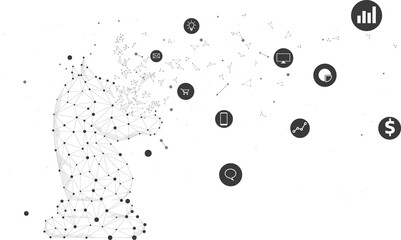 low polygon dot connected line of knight chess piece with marketing symbol. icon for planning and strategy thinking