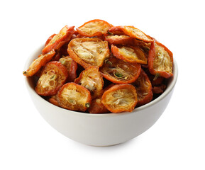 Bowl of cut dried kumquat fruits isolated on white