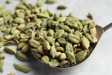 Spoon with dry cardamom pods on table, closeup