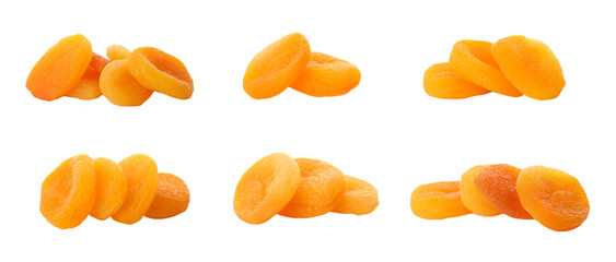 Set with tasty dried apricots on white background. Banner design